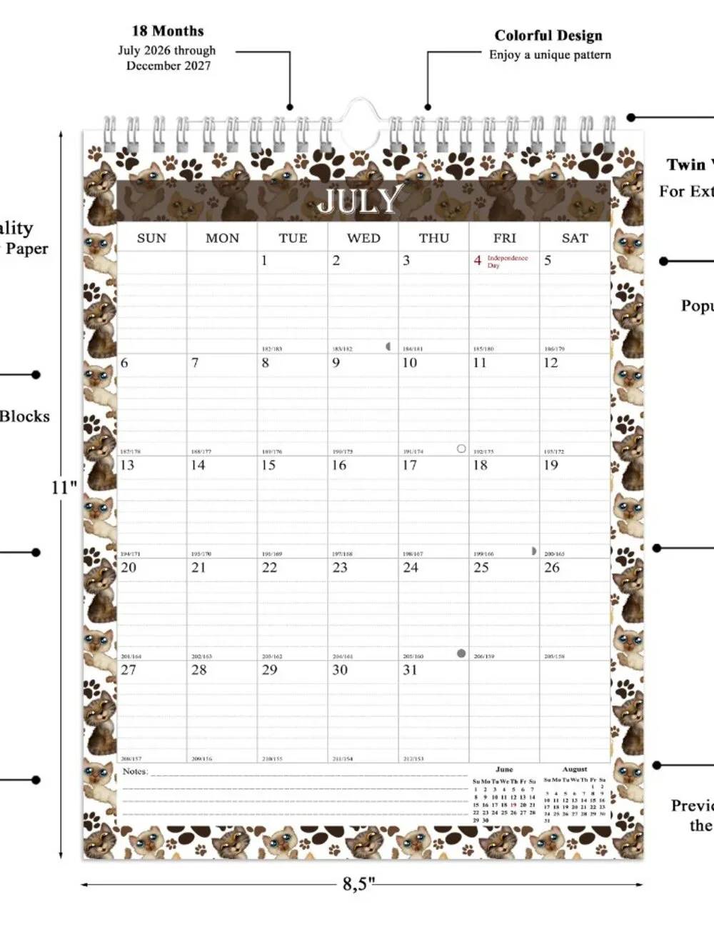 2026-2027 Wall Calendar Spiral-bound Twin-Wire Binding - 18 Months 8.5